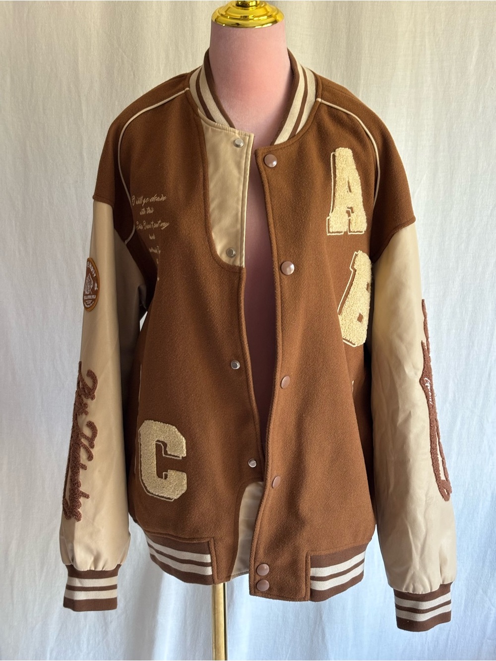 Aelfric Eden Towel Embroidery Varsity Jacket Brown Cream Oversized L - Picture 2 of 15